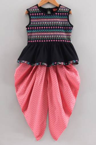 Twisha girls pure cotton printed knitted top & dhoti pants - black & coral