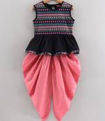 Twisha girls pure cotton printed knitted top & dhoti pants - black & coral