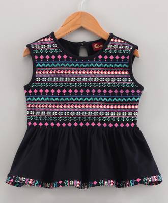 Twisha girls pure cotton printed knitted top & dhoti pants - black & coral 2