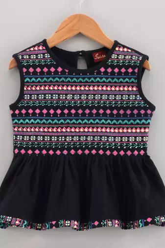 Twisha girls pure cotton printed knitted top & dhoti pants - black & coral