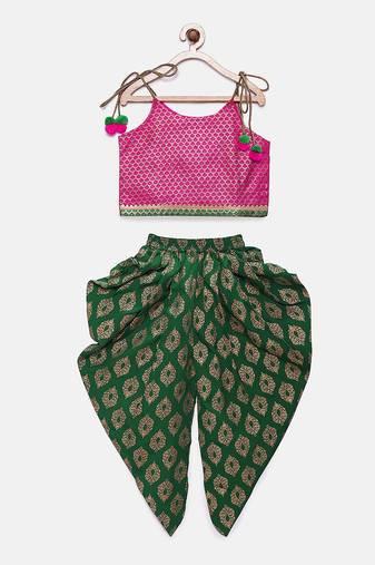 Twisha girls stylish brocade shoulder tie up choli with designer dhoti - pink & green