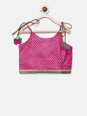 Twisha girls stylish brocade shoulder tie up choli with designer dhoti - pink & green 2