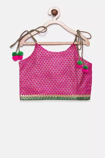 Twisha girls stylish brocade shoulder tie up choli with designer dhoti - pink & green