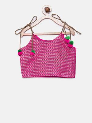 Twisha girls stylish brocade shoulder tie up choli with designer dhoti - pink & green 3