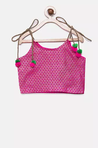 Twisha girls stylish brocade shoulder tie up choli with designer dhoti - pink & green