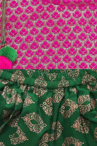 Twisha girls stylish brocade shoulder tie up choli with designer dhoti - pink & green