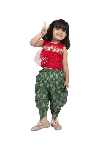 Twisha round neck sleeveless top with dhoti-red and green