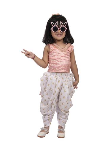 Twisha girls sleeveless embroidered top wit dhoti - peach & white