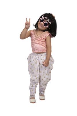 Twisha girls sleeveless embroidered top wit dhoti - peach & white 2
