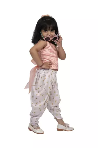 Twisha girls sleeveless embroidered top wit dhoti - peach & white