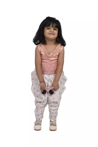 Twisha girls sleeveless embroidered top wit dhoti - peach & white