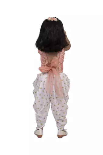 Twisha girls sleeveless embroidered top wit dhoti - peach & white