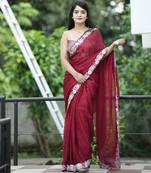 Red fancy satin chiffon saree with sequence embroidery work and sequence maching blouse
