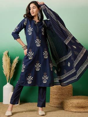 Dark navy blue embroidered cotton round neck kurta sets 1