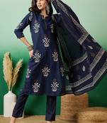 Dark navy blue embroidered cotton round neck kurta sets