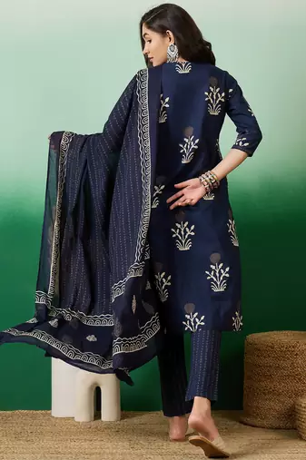 Dark navy blue embroidered cotton round neck kurta sets