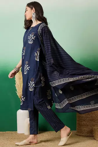 Dark navy blue embroidered cotton round neck kurta sets
