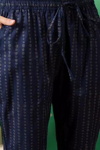 Dark navy blue embroidered cotton round neck kurta sets