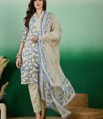 Grey embroidered cotton v neck kurta sets