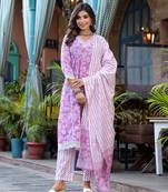Lavender embroidered cotton v neck kurta sets