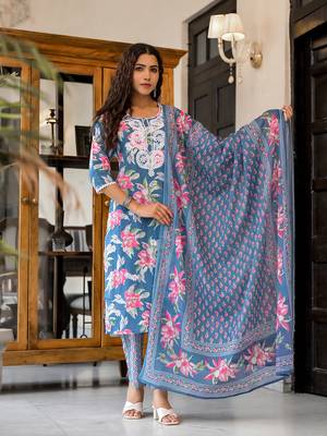 Teal blue embroidered cotton v neck kurta sets 1