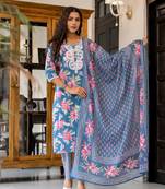 Teal blue embroidered cotton v neck kurta sets