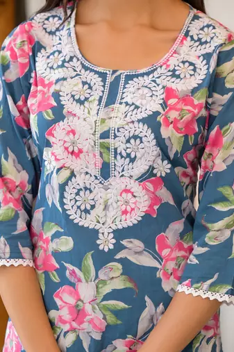 Teal blue embroidered cotton v neck kurta sets