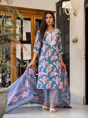 Teal blue embroidered cotton v neck kurta sets 4