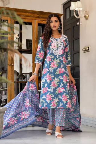 Teal blue embroidered cotton v neck kurta sets