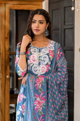 Teal blue embroidered cotton v neck kurta sets
