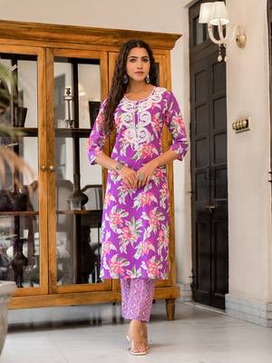 Purple printed cotton round neck kurta sets 1