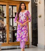 Purple printed cotton round neck kurta sets