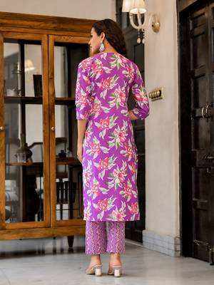 Purple printed cotton round neck kurta sets 2