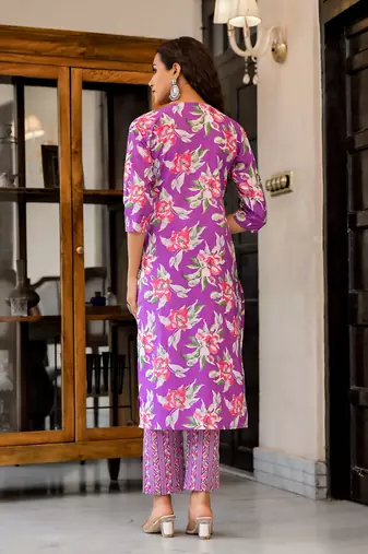 Purple printed cotton round neck kurta sets