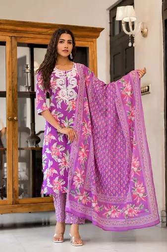 Purple printed cotton round neck kurta sets