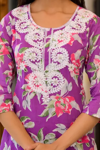 Purple printed cotton round neck kurta sets