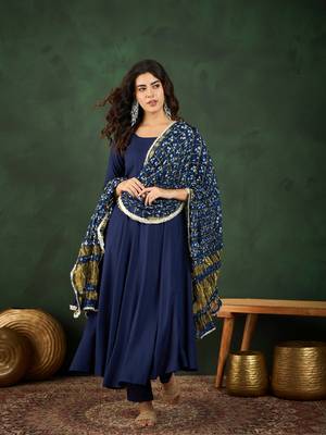 Navy blue plain viscose rayon round neck kurta sets 1