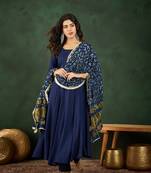 Navy blue plain viscose rayon round neck kurta sets