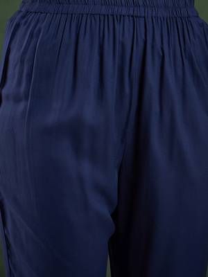 Navy blue plain viscose rayon round neck kurta sets 4
