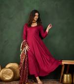 Maroon plain viscose rayon round neck kurta sets