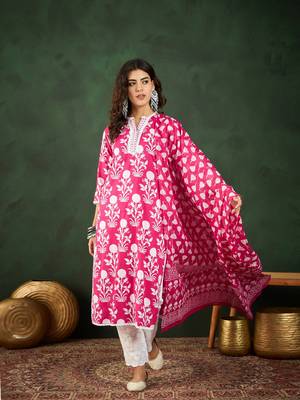 Pink printed cotton round neck kurta sets 1