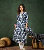 Navy blue printed cotton round neck kurta sets
