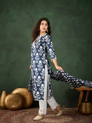 Navy blue printed cotton round neck kurta sets 3