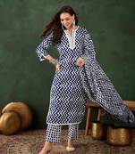 Navy blue printed cotton round neck kurta sets
