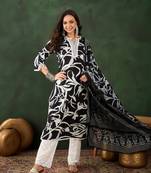 Black printed cotton round neck kurta sets
