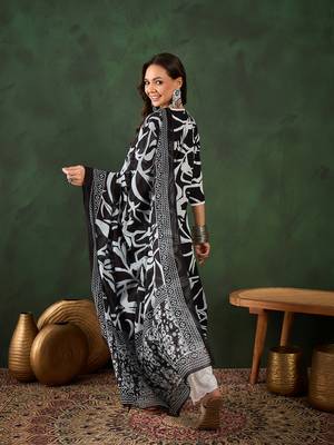 Black printed cotton round neck kurta sets 2