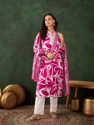 Pink printed cotton round neck kurta sets 3