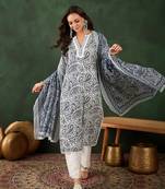 Navy blue printed cotton round neck kurta sets
