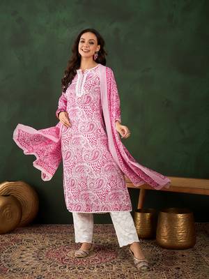 Pink printed cotton round neck kurta sets 1