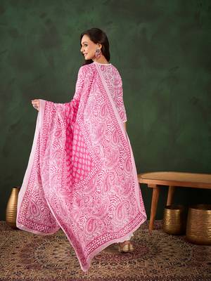 Pink printed cotton round neck kurta sets 2